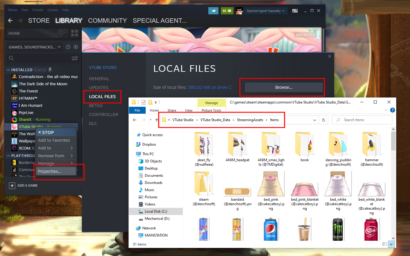 Cara menemukan folder item vtube studio di windows melalui steam