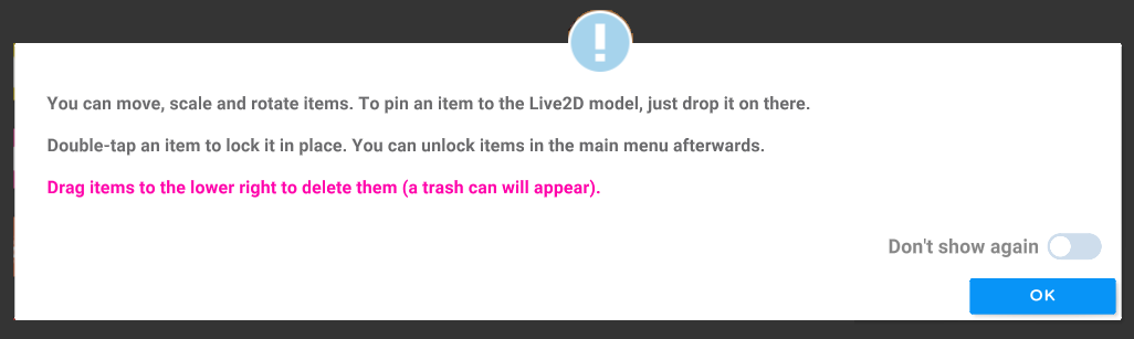 Tangkapan layar pemberitahuan tentang pemindahan, penskalaan, dan pemutaran item.