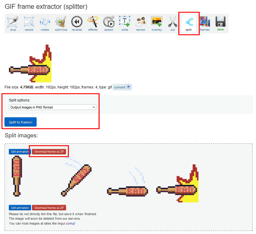Tangkapan layar cara membagi gif menjadi bingkai menggunakan ezgif