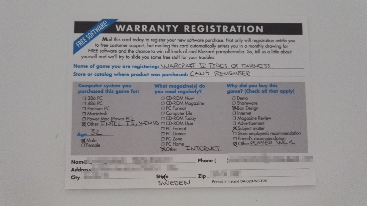 Filled out Warranty registration card