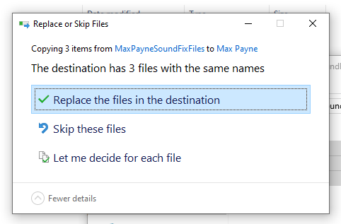 Screenshot des Ersetzens der Dateien im Zieldialog Screenshot des Ersetzens der Dateien im Zieldialog