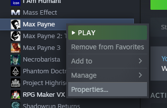 Screenshot der Auswahl von Eigenschaften für Max Payne in der Steam-Bibliothek Screenshot der Auswahl von Eigenschaften für Max Payne in der Steam-Bibliothek