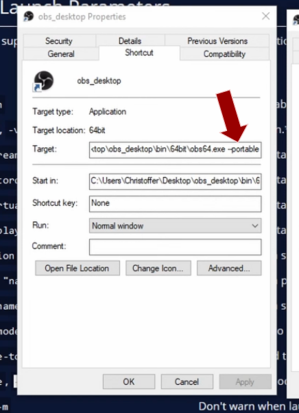 将可移植参数添加到 obs64.exe 的屏幕截图