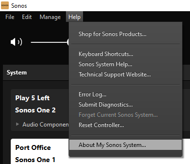 tangkapan layar tentang cara menemukan informasi mengenai sistem Sonos saya di Sonos Controller untuk PC