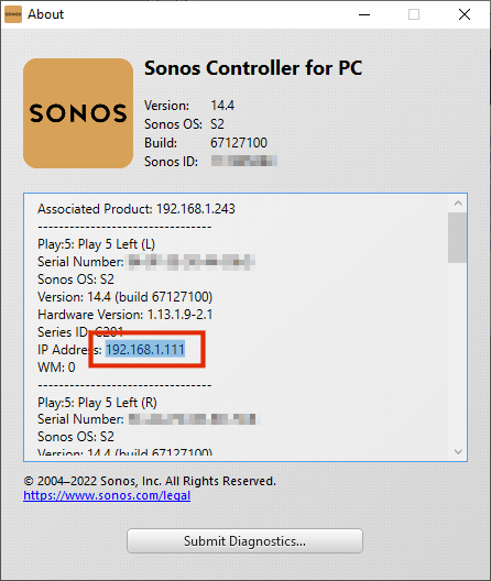 tangkapan layar cara mendapatkan alamat IP speaker di Sonos Controller untuk PC