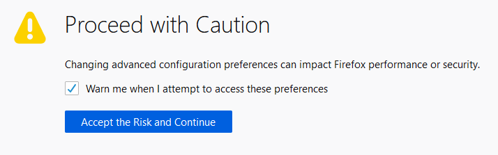 tangkapan layar dialog 'Lanjutkan dengan hati-hati' di Firefox