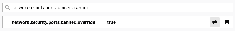 tangkapan layar konfigurasi network.security.ports.banned.override di Firefox