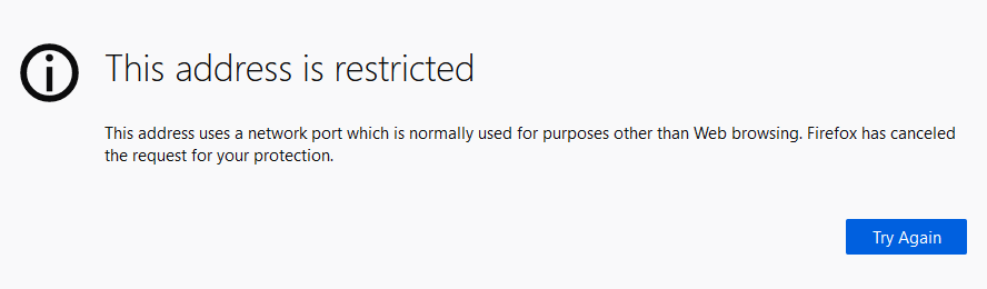 tangkapan layar kesalahan Firefox; alamat ini dibatasi